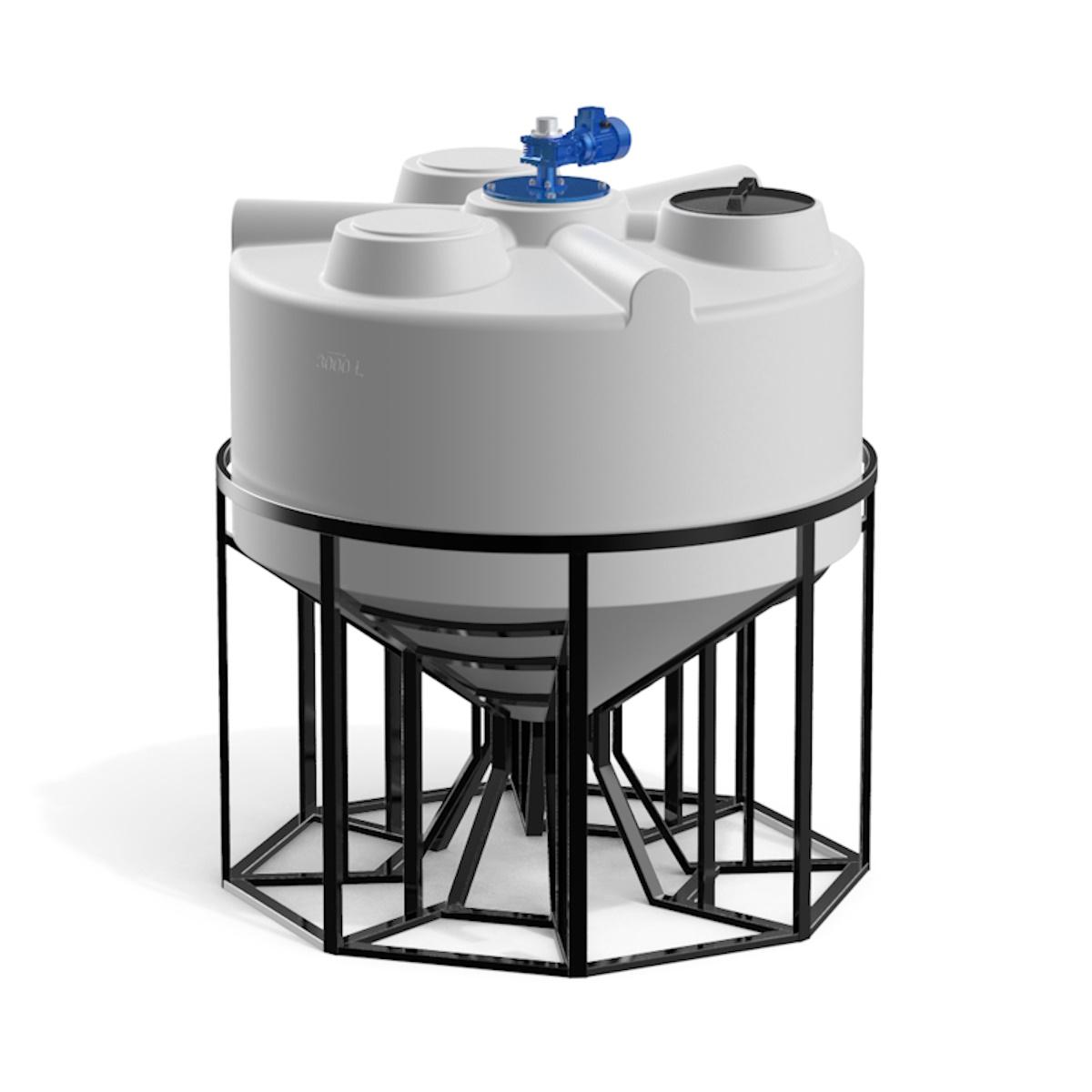 Конусная емкость KV 3000 л (белая) с лопастной мешалкой в обрешеткой 