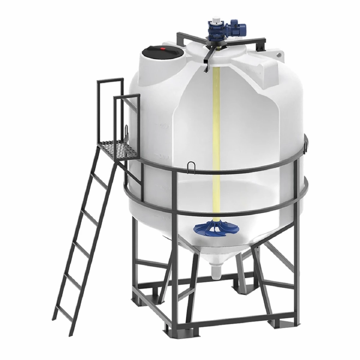 Конусная ёмкость ЦКТ 5 м3 (белая) с патрубком 110 мм в обрешетке с лестницей с гиперболической мешал