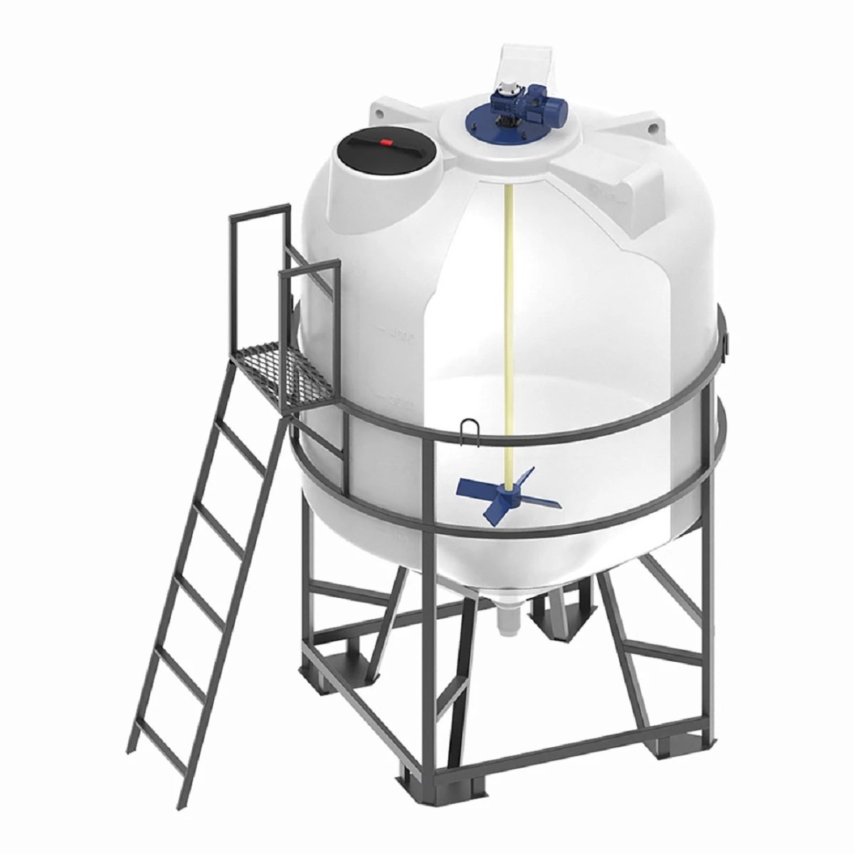 Конусная ёмкость ЦКТ 5 м3 (белая) с патрубком 110 мм в обрешетке с лестницей с лопастной Ж-Ж мешалко