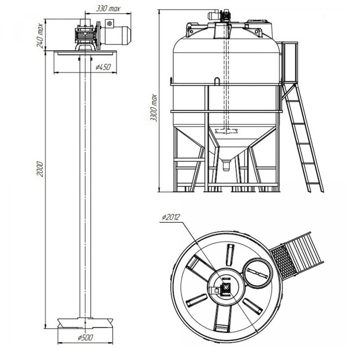 Емкость ЦКТ 5000 л с патрубком 110 мм в обрешетке с лестницей с лопастной мешалкой для перемешивания жидкости с максимальной плотностью 1,3 г/см,