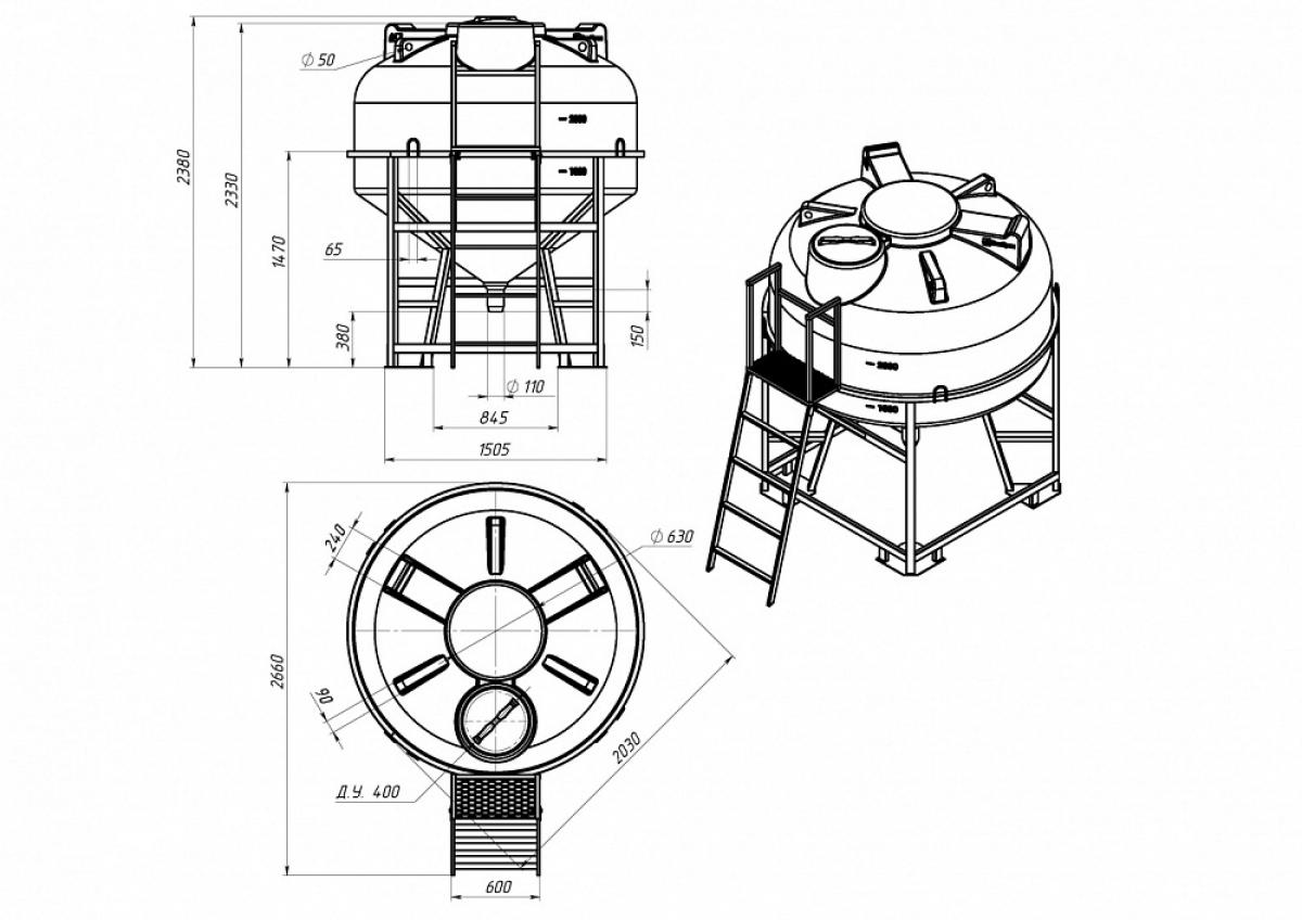 Емкость ЦКТ 3000 л с патрубком 90мм с фланцем в обрешетке с лестницей, для хранения жидких, сыпучих, гранулированных, пастообразных и вязких веществ плотностью до 1,2 г/см³