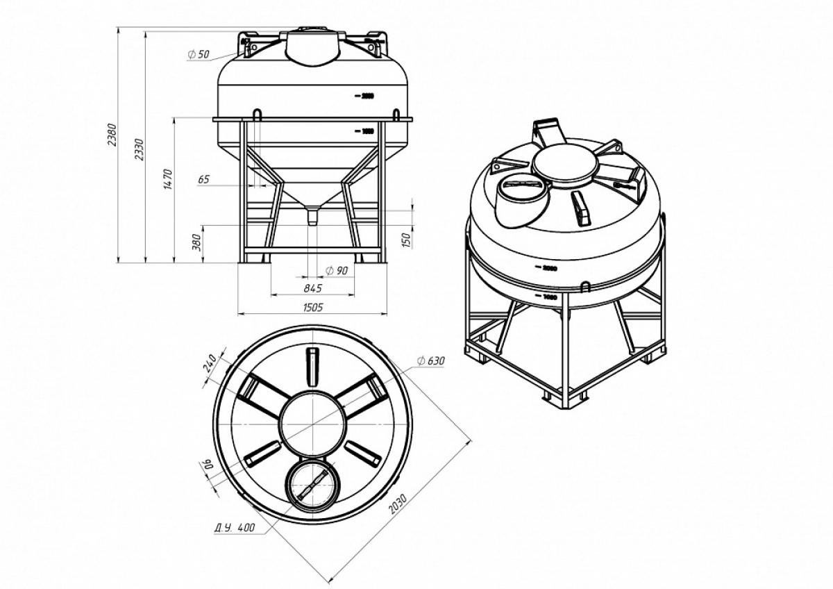 Емкость ЦКТ 3000 л с патрубком 90мм с фланцем  в обрешетке, для хранения жидких, сыпучих, гранулированных, пастообразных и вязких веществ плотностью до 1,2 г/см³
