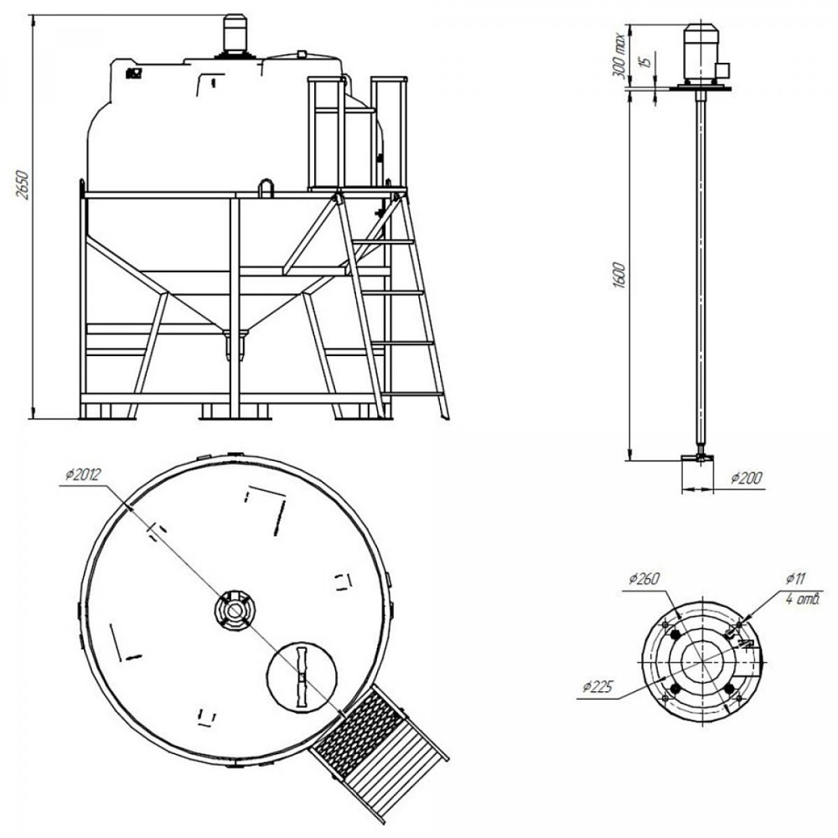 Емкость ЦКТ 3000 л с патрубком 110 мм в обрешетке с лестницей с пропеллерной, для перемешивания жидкости с максимальной плотностью 1,3 г/см3