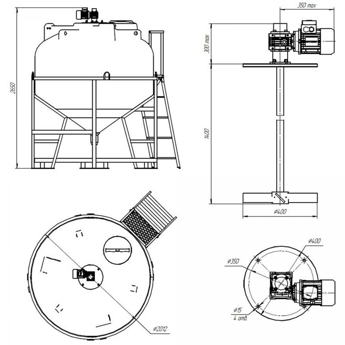 Емкость ЦКТ 3000 л с патрубком 110 мм в обрешетке с лестницей с лопастной Ж-Ж мешалкой, для перемешивания жидкости с максимальной плотностью 1,3 г/см