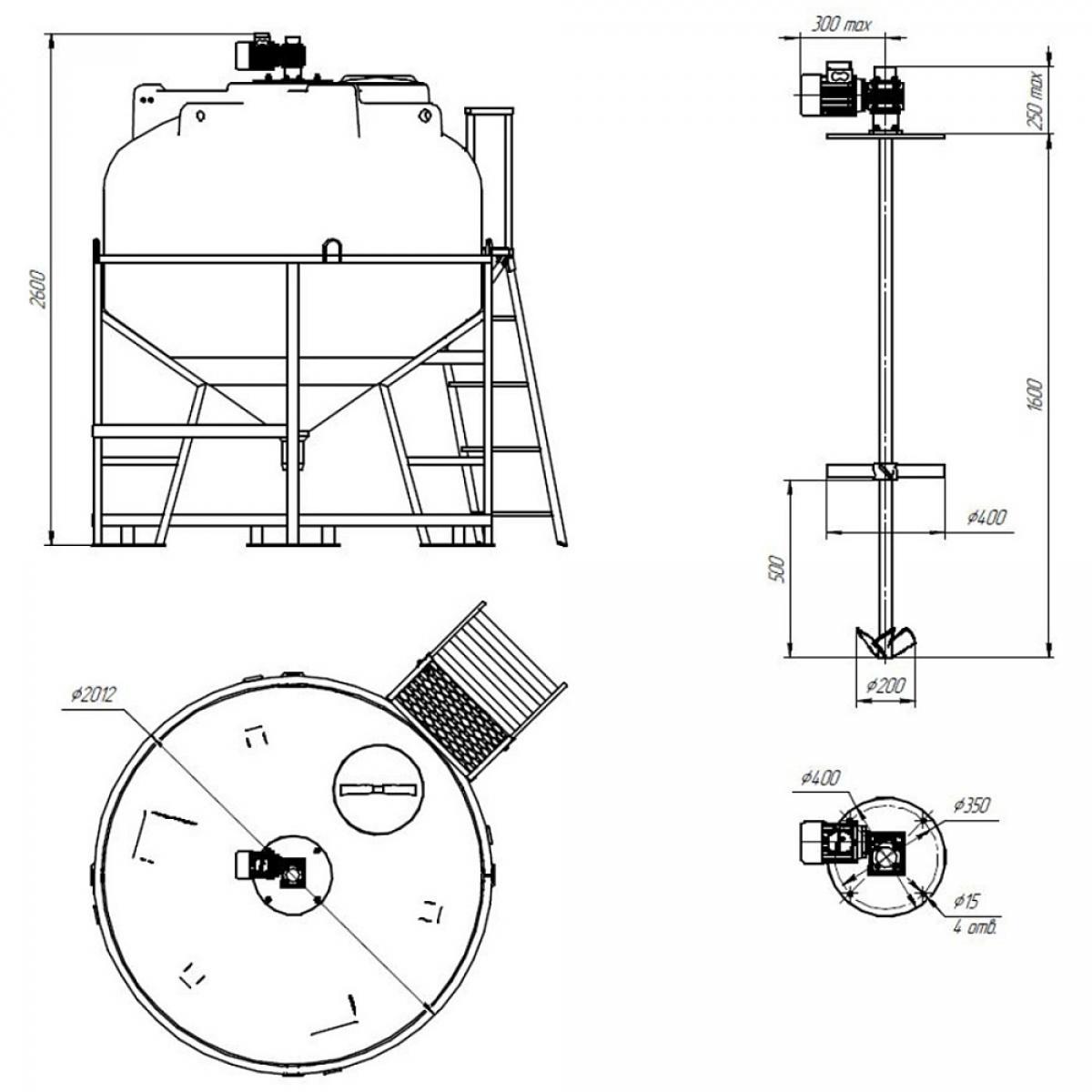 Емкость ЦКТ 3000 л с патрубком 110 мм в обрешетке с лестницей с двухъярусной лопастной Ж-Т мешалкой, для перемешивания жидкости с максимальной плотностью 1,3 г/см