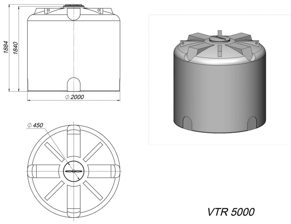 Емкость VTR 5000 л синяя,  для хранения питьевой и технической воды, жидких удобрений, дизельного топлива, машинного масла, сыпучих, порошкообразных, гранулированных, вязких и пастообразн