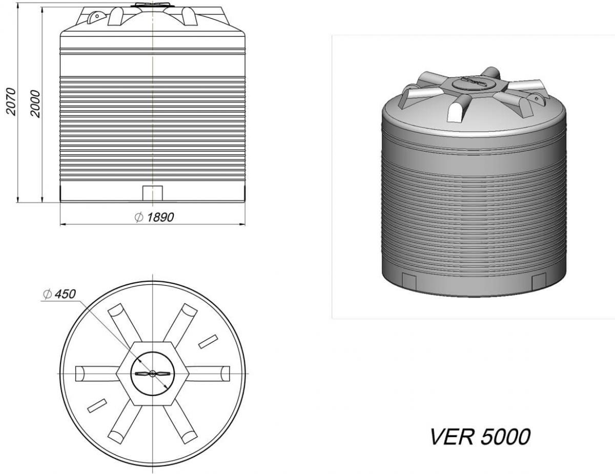 Емкость VER 5000 л черная, для хранения питьевой и технической воды, жидких удобрений порошкообразных, гранулированных, вязких и пастообразных продуктов.