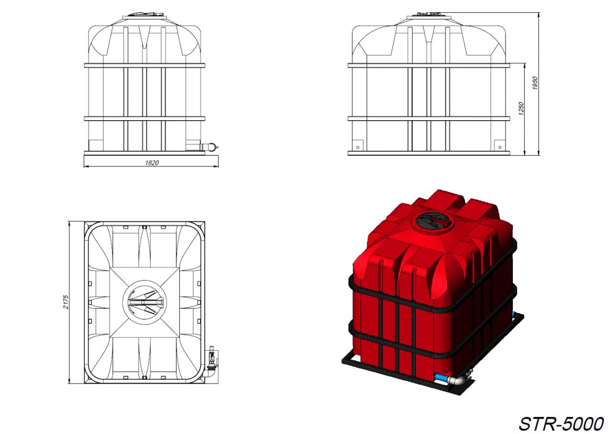 Емкость STR 5000 красный с откидной крышкой в обрешетке (полный слив) для удобрений КАС, жидкие комплексные удобрения (ЖКУ), хранения и транспортировки.