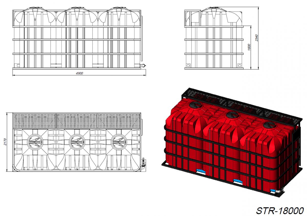 Кассета тройная с емкостями STR 6000 x 3 красный (полный слив) для удобрений КАС, жидкие комплексные удобрения (ЖКУ), хранения и транспортировки.