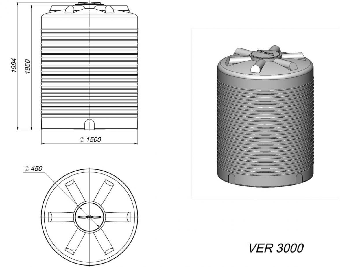 Емкость VER 3000 л белый,  для питьевая и техническая вода, дизельное топливо, моющие средства, машинное масло, удобрения, для хранения веществ плотностью до 1,0 г/см³