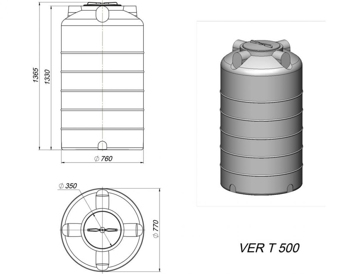 Емкость VER T 500 л черный,техническая вода,  дизельного топлива,спиртосодержащие продукты, моющие средства, для транспортировки и хранения веществ плотностью до 1,0 г/см³