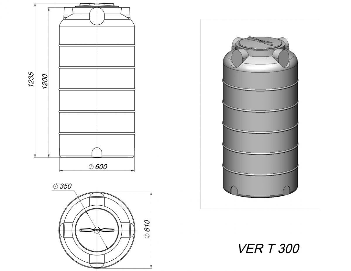 Емкость VER T 300 л черный, питьевая и техническая вода, удобрения, лаки и краски, машинное масло, дизельное топливо и т. д. для транспортировки и хранения веществ плотностью до 1,0 г/см³