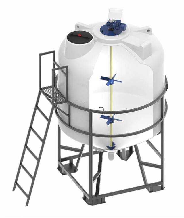 Конусная ёмкость ЦКТ 5 м3 (белая) с патрубком 110 мм в обрешетке с лестницей с трехъярусной лопастно Ж-Т мешалкой