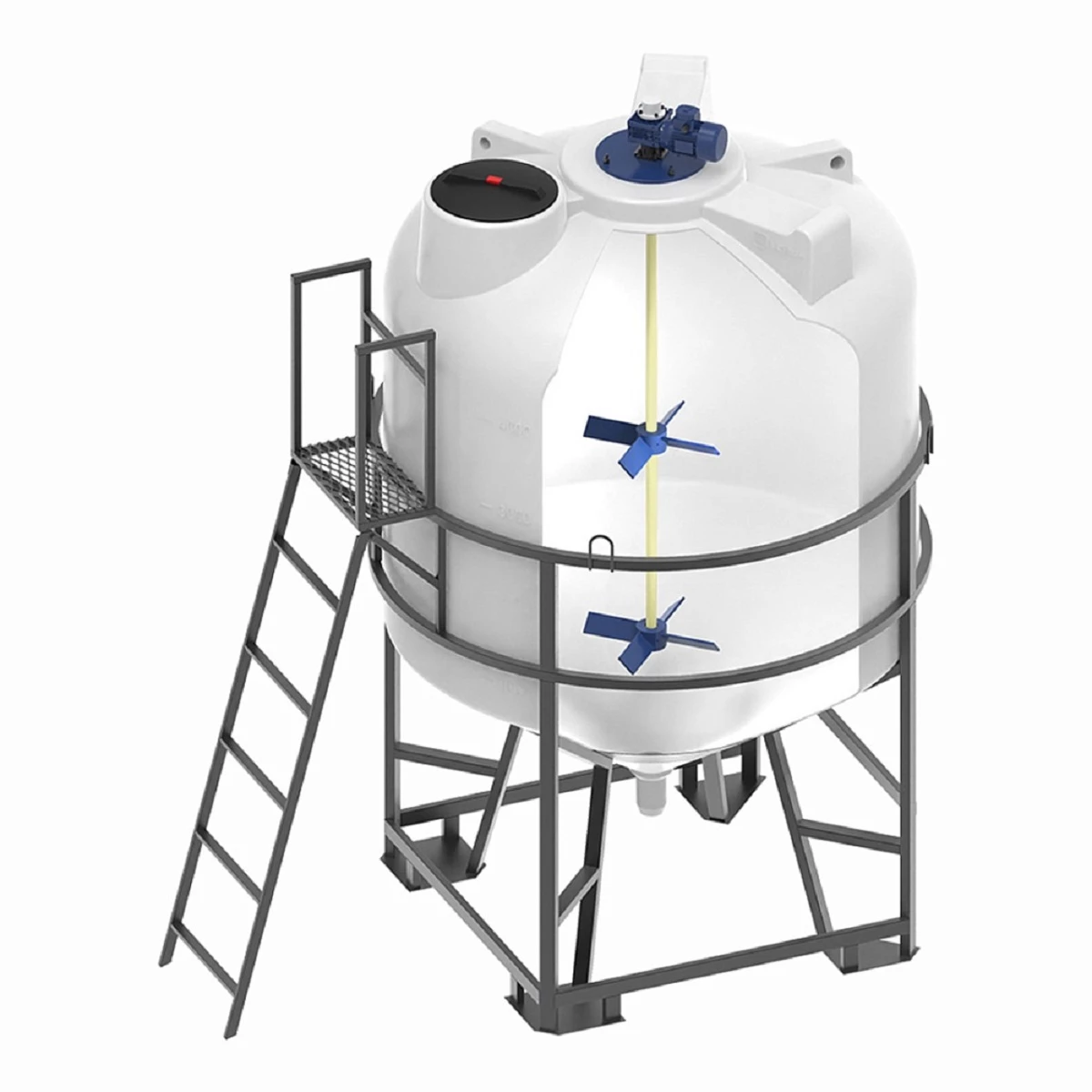 Конусная ёмкость ЦКТ 5 м3 (белая) с патрубком 110 мм в обрешетке с лестницей с двухъярусной лопастно Ж-Ж мешалкой