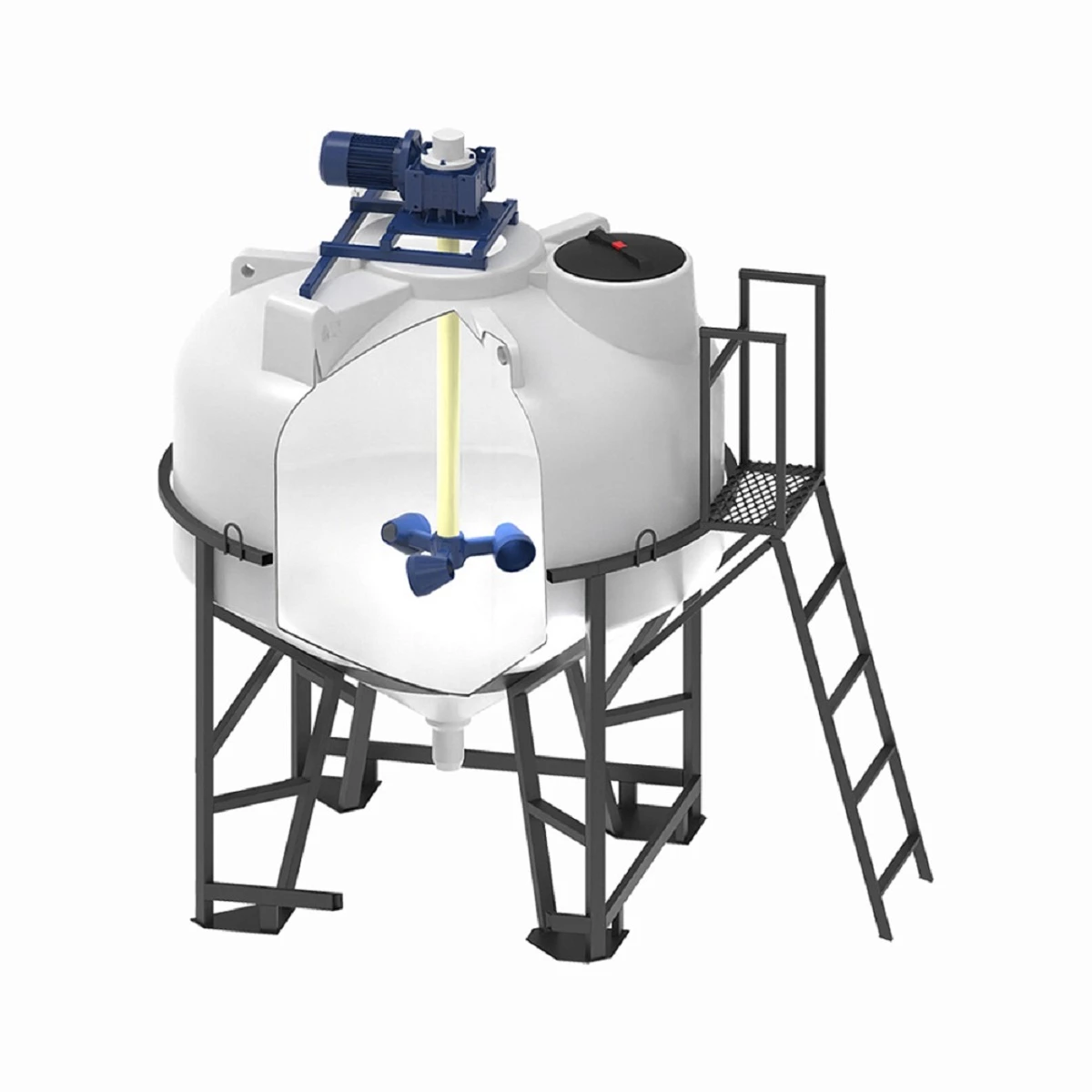 Конусная ёмкость ЦКТ 3 м3 (белая) с патрубком 90 мм в обрешетке с лестницей с мешалкой для вязких до 8 Ра/с